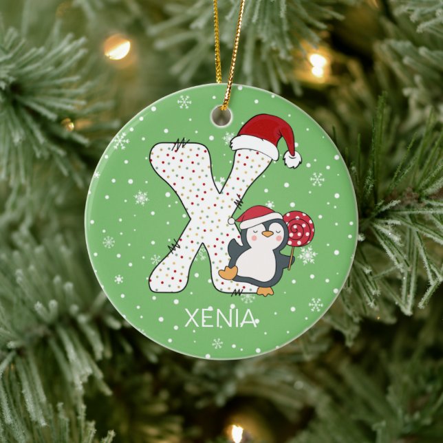 Jul Alphabet X Santa Hat Penguin Snowflake Julgransprydnad Keramik (Träd)