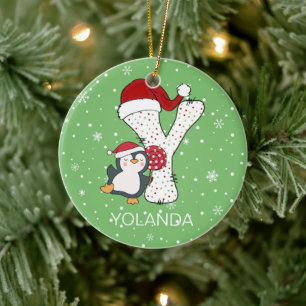 Jul Alphabet Y Santa Hat Penguin Snowflake Julgransprydnad Keramik
