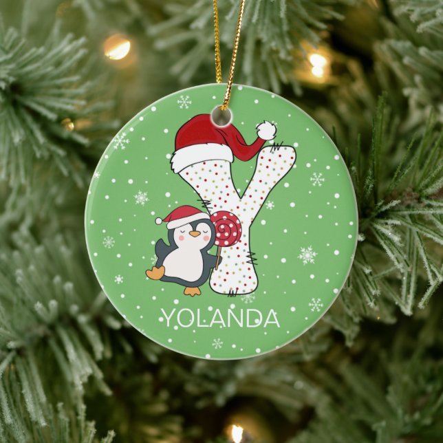 Jul Alphabet Y Santa Hat Penguin Snowflake Julgransprydnad Keramik (Träd)