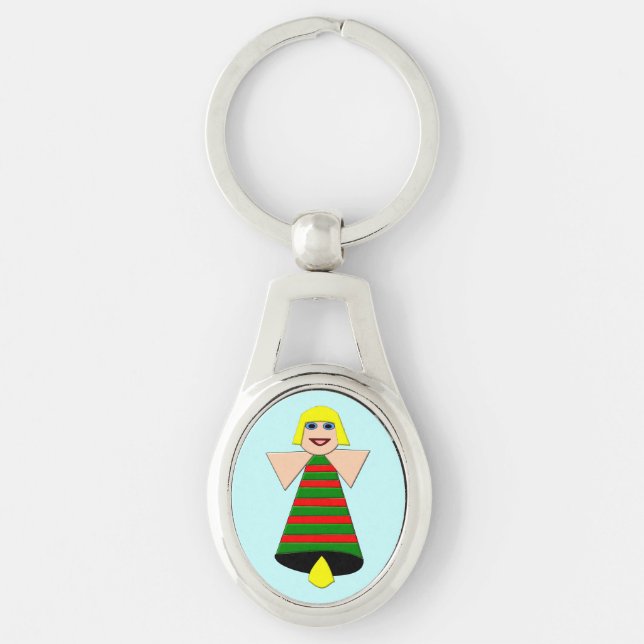 Jul Angel Bell Keychain Ovalt Silverfärgad Nyckelring (Framsidan)