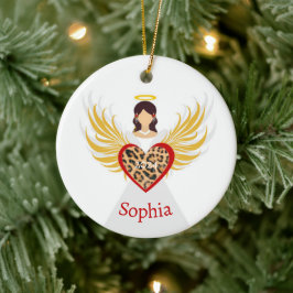 Jul Angel Red Heart Leopard Vingar Namn Gift Julgransprydnad Keramik