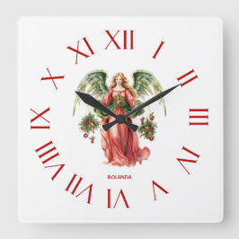 Jul Angel Red Roman Numerals Fyrkantig Klocka