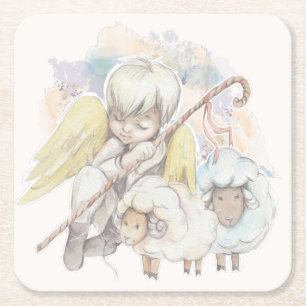 Jul Angel Shepherd med Lambs Underlägg Papper Kvadrat