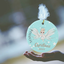 Jul Angel Stars Photo Blue Rosa Cute Julgransprydnad Keramik