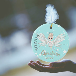 Jul Angel Stars Photo Blue Rosa Cute Julgransprydnad Keramik