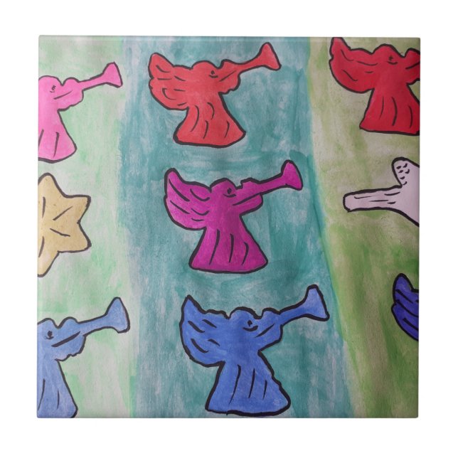 Jul-Änglar med trumpeter, keramiskt plattor Kakelplatta (Framsidan)