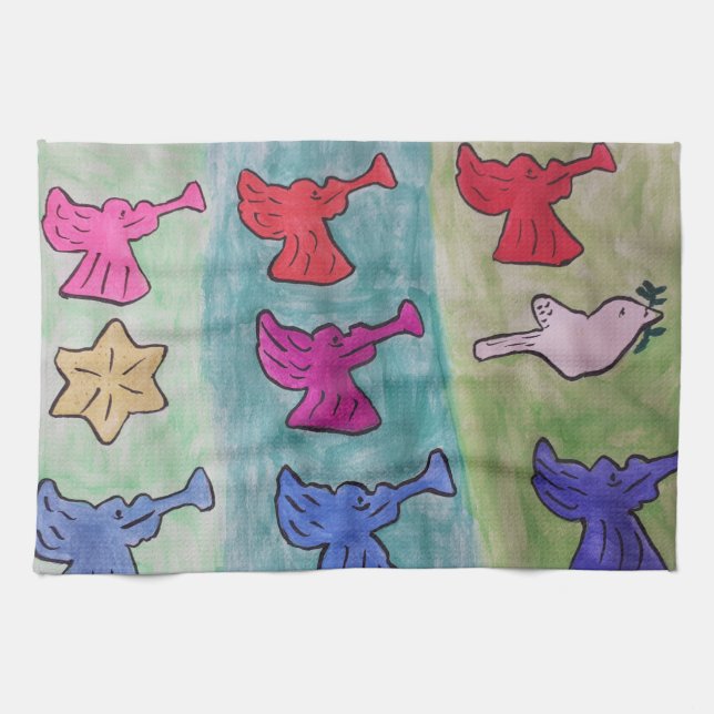 Jul-Änglar med Trumpets Tea Towel Kökshandduk (Horisontell)