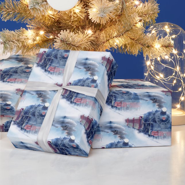 Jul Ånglok Snöigt Vinterlandskap Blå Presentpapper (Helgdagar)