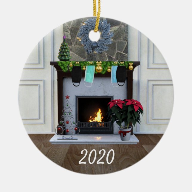 Jul Ansikte mask Fireplace Covid Funny 2020 Julgransprydnad Keramik (Framsidan)