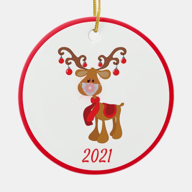 Jul Ansikte Mask Rudolph Reindeer 2021 Julgransprydnad Keramik (Framsidan)