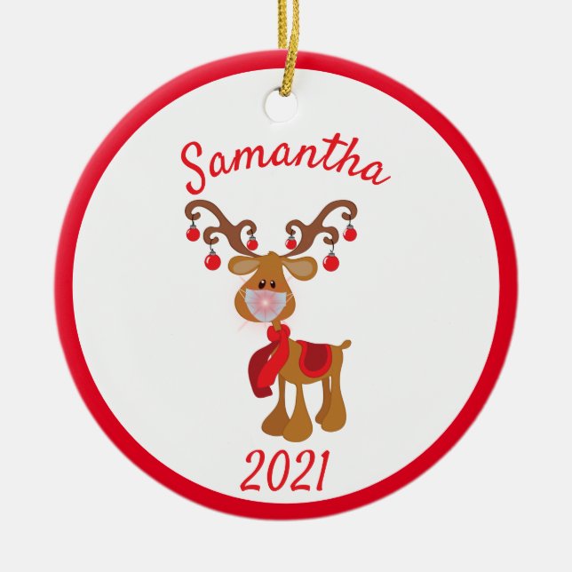 Jul Ansikte Mask Rudolph Reindeer 2021 Julgransprydnad Keramik (Framsidan)