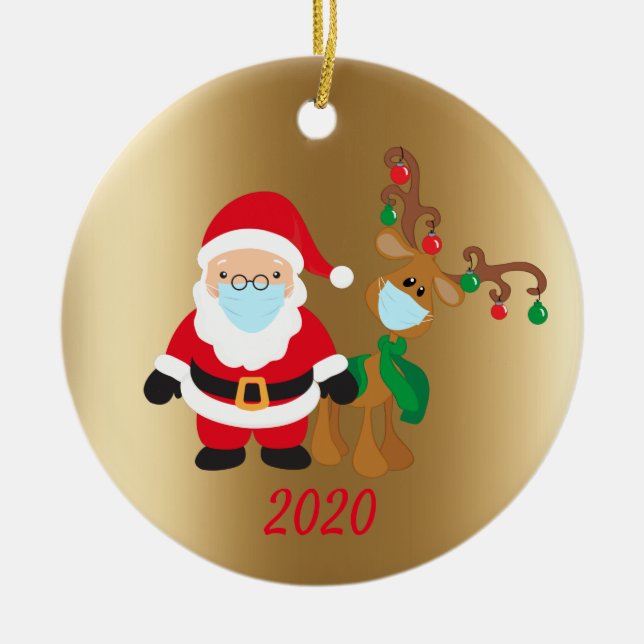 Jul Ansikte Mask Santa and Reindeer 2020 Guld Julgransprydnad Keramik (Framsidan)