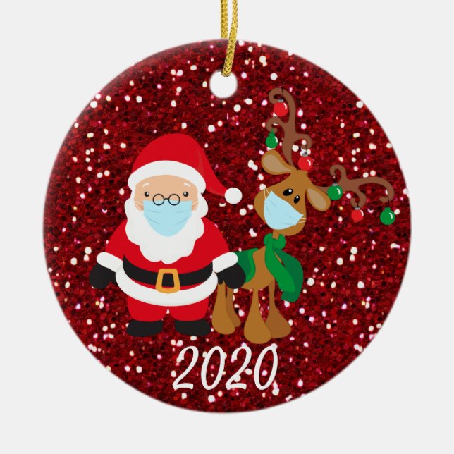 Jul Ansikte Mask Santa and Reindeer 2020 Sequin Julgransprydnad Keramik (Framsidan)