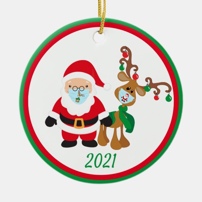 Jul Ansikte Mask Santa and Reindeer 2021 Gräns Julgransprydnad Keramik (Framsidan)