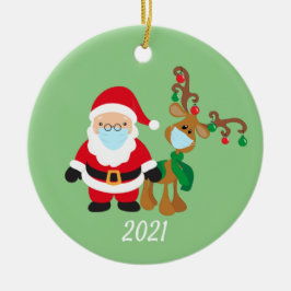 Jul Ansikte Mask Santa and Reindeer 2021 Julgransprydnad Keramik