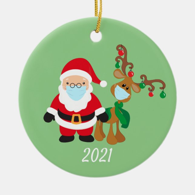Jul Ansikte Mask Santa and Reindeer 2021 Julgransprydnad Keramik (Framsidan)