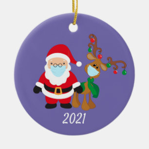 Jul Ansikte Mask Santa and Reindeer 2021 Julgransprydnad Keramik