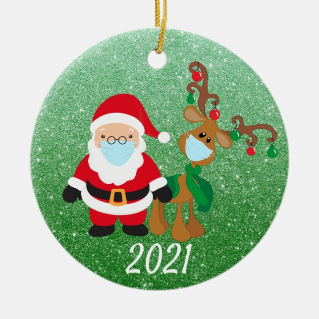 Jul Ansikte, Mask Santa Reindeer 2021 Glitter Julgransprydnad Keramik (Framsidan)