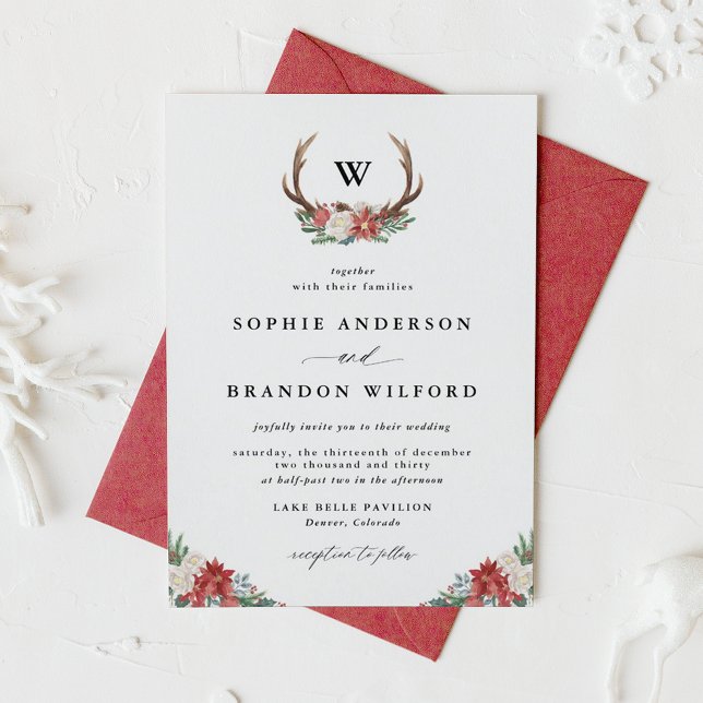 Jul Antler WAN Monogram Winter Wedand Inbjudningar (Watercolor Antler Wreath Monogram Christmas Wedding Invitation)