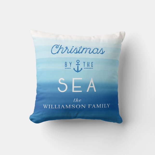 Jul av Sea Kusten Blue Ombre Typografiska Kudde (Framsida)