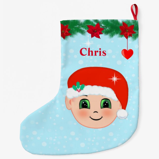 Jul baby ansikte, hjärta, poinsettias och gräs stor julstrumpa (Baksidan)