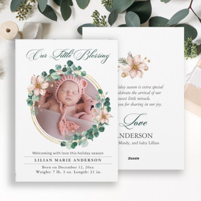 Jul Baby Eucalyptus Poinsettia Photo Julkort (Elegant eucalyptus wreath baby photo announcement/Christmas baby introduction card-2-sided)