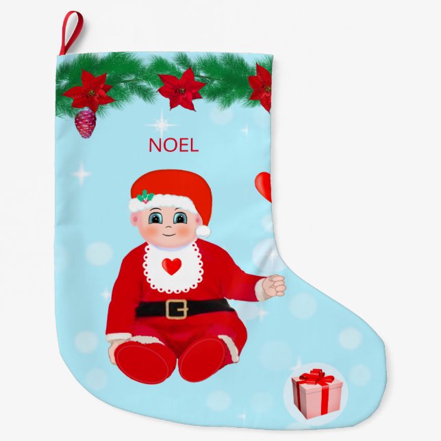 Jul baby, hjärta, poinsettit och gräs stor julstrumpa (Framsidan)