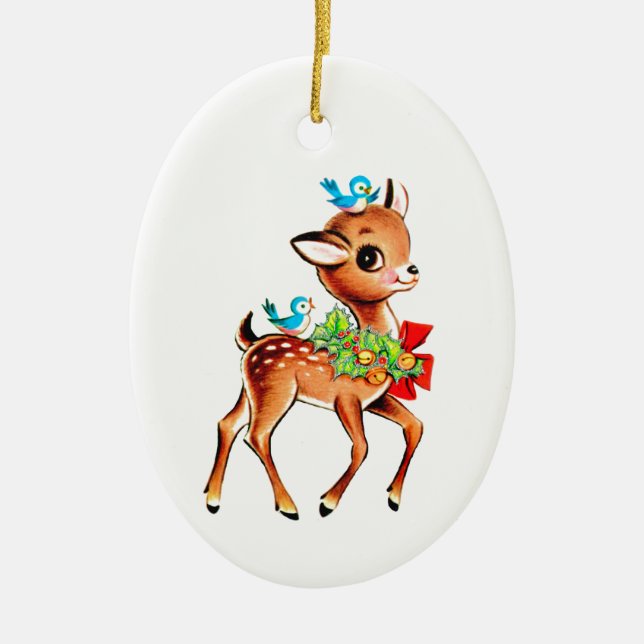 Jul Baby Hjort med fåglar på huvudet Julgransprydnad Keramik (Framsidan)