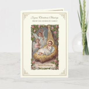 Jul Baby Jesus Änglar Poinsettias Helgkort