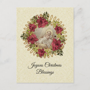 Jul Baby Jesus i Manger Blommigt Pointsettia Vykort