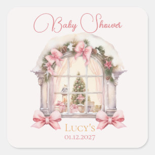 Jul Baby Shower Rosa Nötknäppare Vattenfärg Fyrkantigt Klistermärke