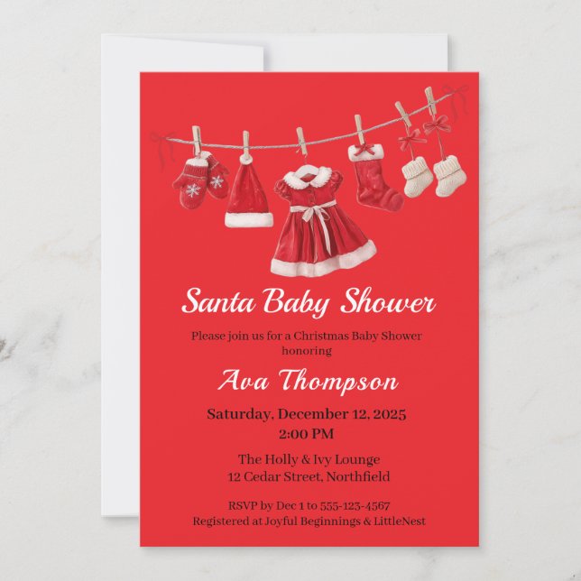 Jul Baby Shower | Tomtekläder Röd & Vit Inbjudningar (Framsida)