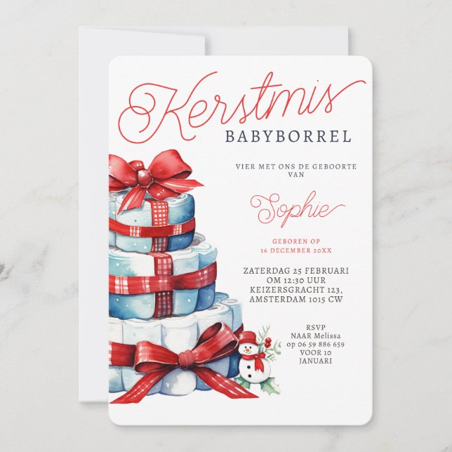 Jul Babydöpare Tarta Röd Blå  Inbjudningar (Framsida)