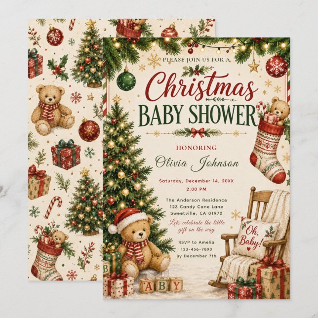 Jul Babyshower Inbjudningar (Fram/baksida)