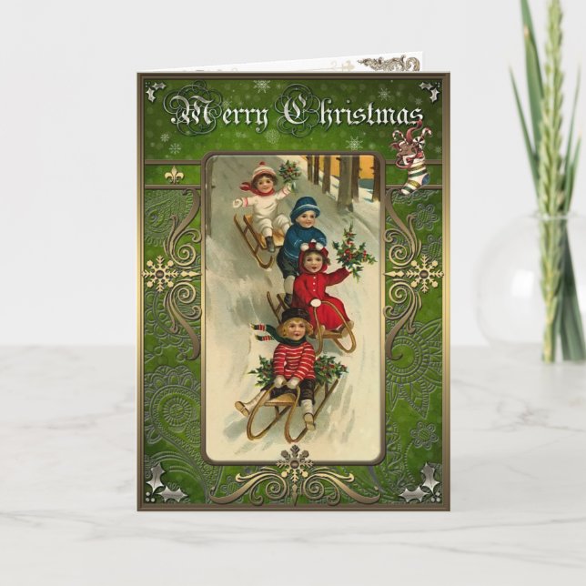 Jul - Barnen går ner i backe på en sled. Helgkort (Framsida)