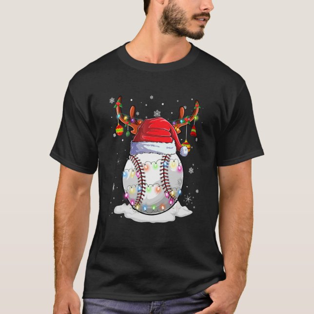 Jul Baseball Boll Santa Hat Reindeer Ljus T Shirt (Framsida)