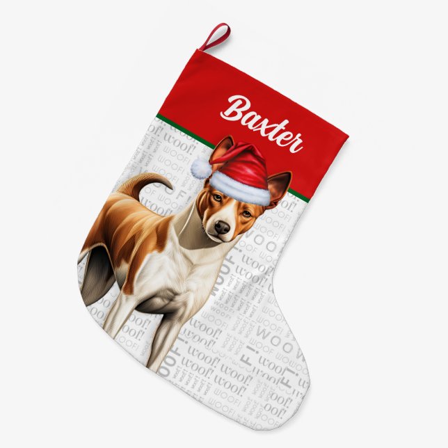 Jul Basenji Hund Namn Woof Stor Julstrumpa (Framsidan (Hängande))
