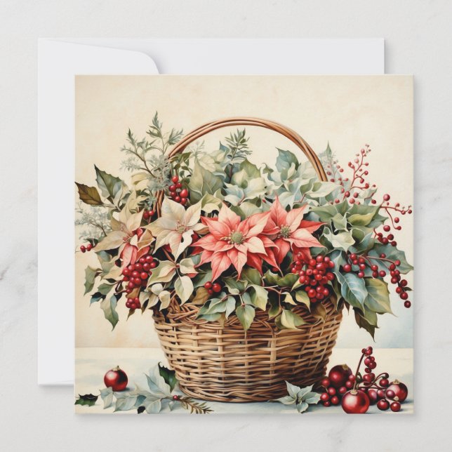 Jul Basket med Poinsettia Flowers, Berries Julkort (Framsida)