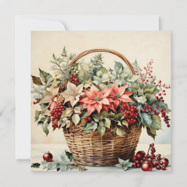 Jul Basket med Poinsettia Flowers, Berries Julkort