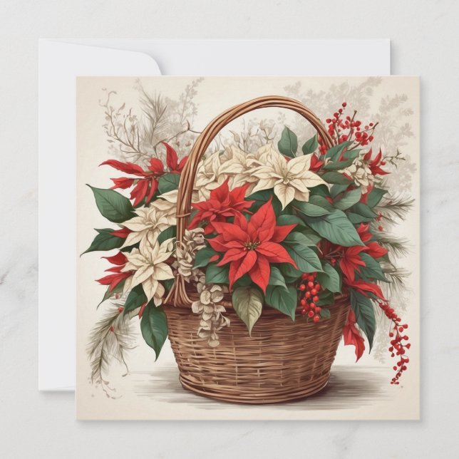 Jul Basket med rött, vit Poinsettia Flower Julkort (Framsida)