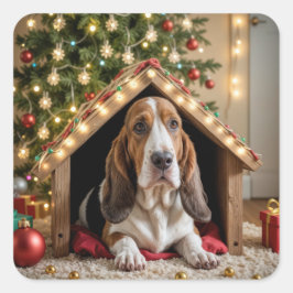 Jul Basset Hound i Doghouse Fyrkantigt Klistermärke