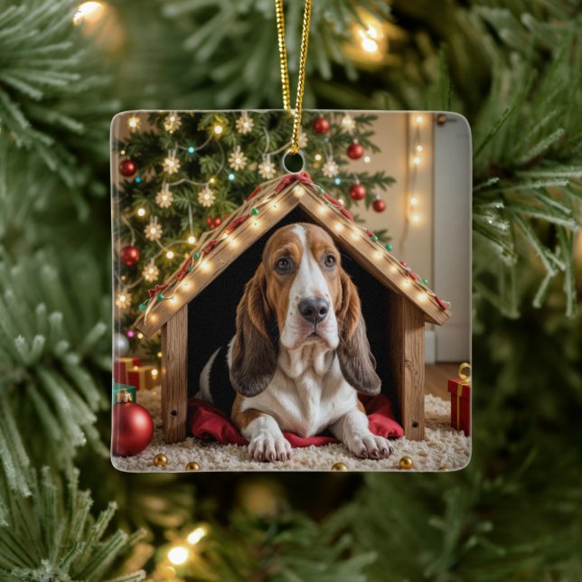 Jul Basset Hound i Doghouse Julgransprydnad Keramik (Träd)
