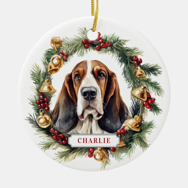 Jul Basset Hound Keramisk Cirkulär Ornament (Framsidan)