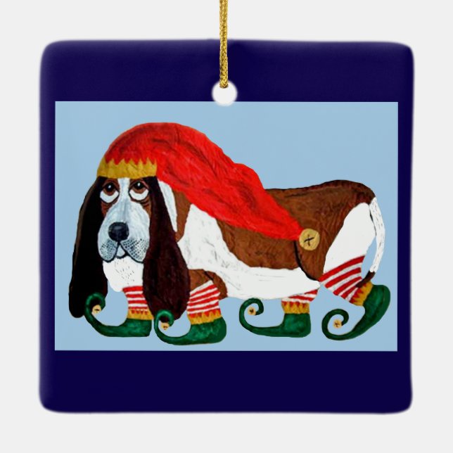 Jul Basset Hound Tomte Julgransprydnad Keramik (Baksida)