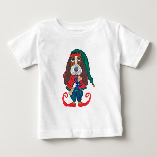 Jul Basset Hound Tomte T Shirt (Framsida)