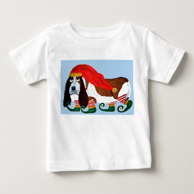 Jul Basset Hound Tomte T Shirt (Framsida)