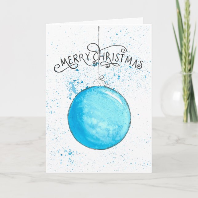 Jul Bauble - Blue Stänk Watercolor Helgkort (Framsida)