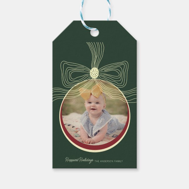 Jul Bauble & Bow Grönt Red Photo Presentetikett (Framsidan)