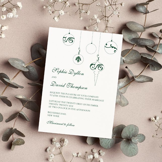 Jul Bauble Ornaments Winter Grönt Bröllop Inbjudningar (Christmas Wedding Bauble - Winter Green Wedding Invitation)