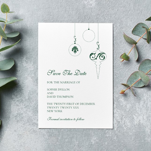 Jul Bauble Ornaments Winter Grönt Bröllop Spara Datumet (Winter Wedding Christmas Baubles Wedding Save The Date - Pine Green)